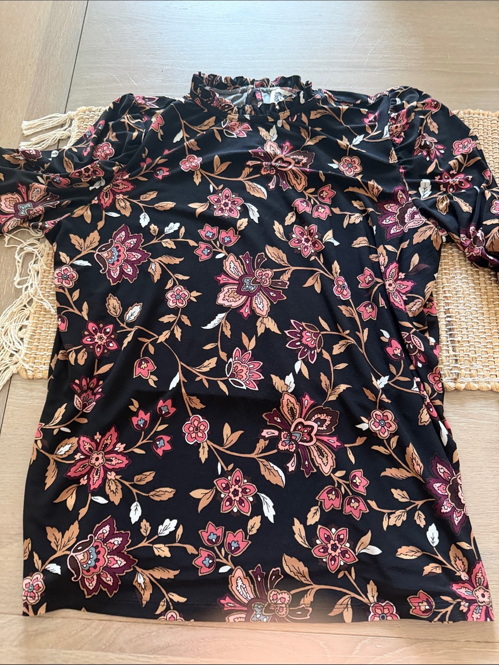 Anne Klein Black Floral Mock Neck Blouse with Pink & Tan Print